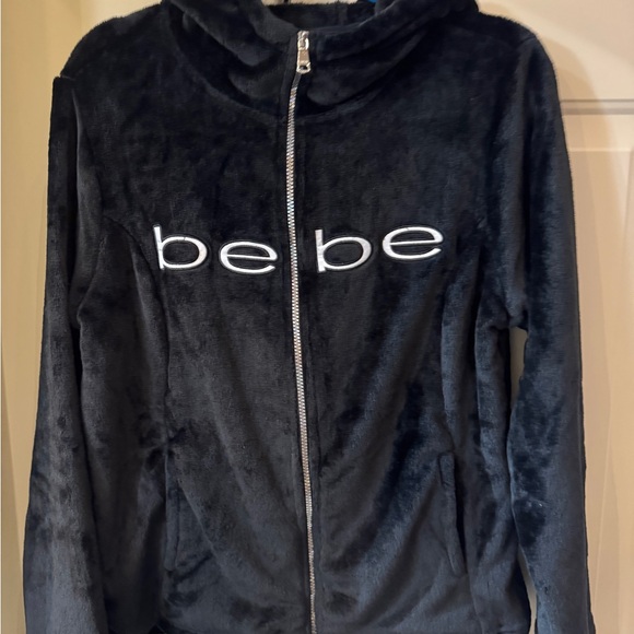 bebe Black Plush Zip Front  Hoodie Jacket with Logo size large - Picture 2 of 5